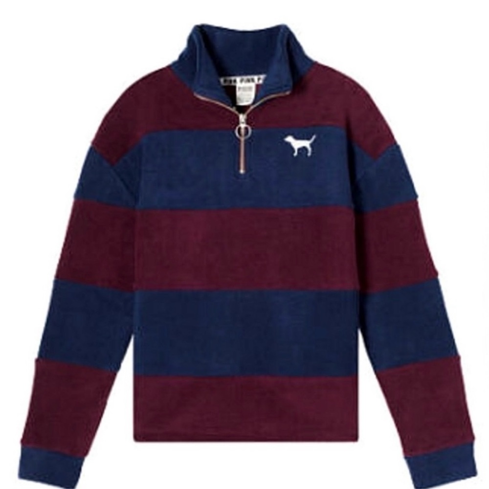 NEW Victorias Secret PINK Dark Blue and Maroon Striped Polar Fleece Pullover M
